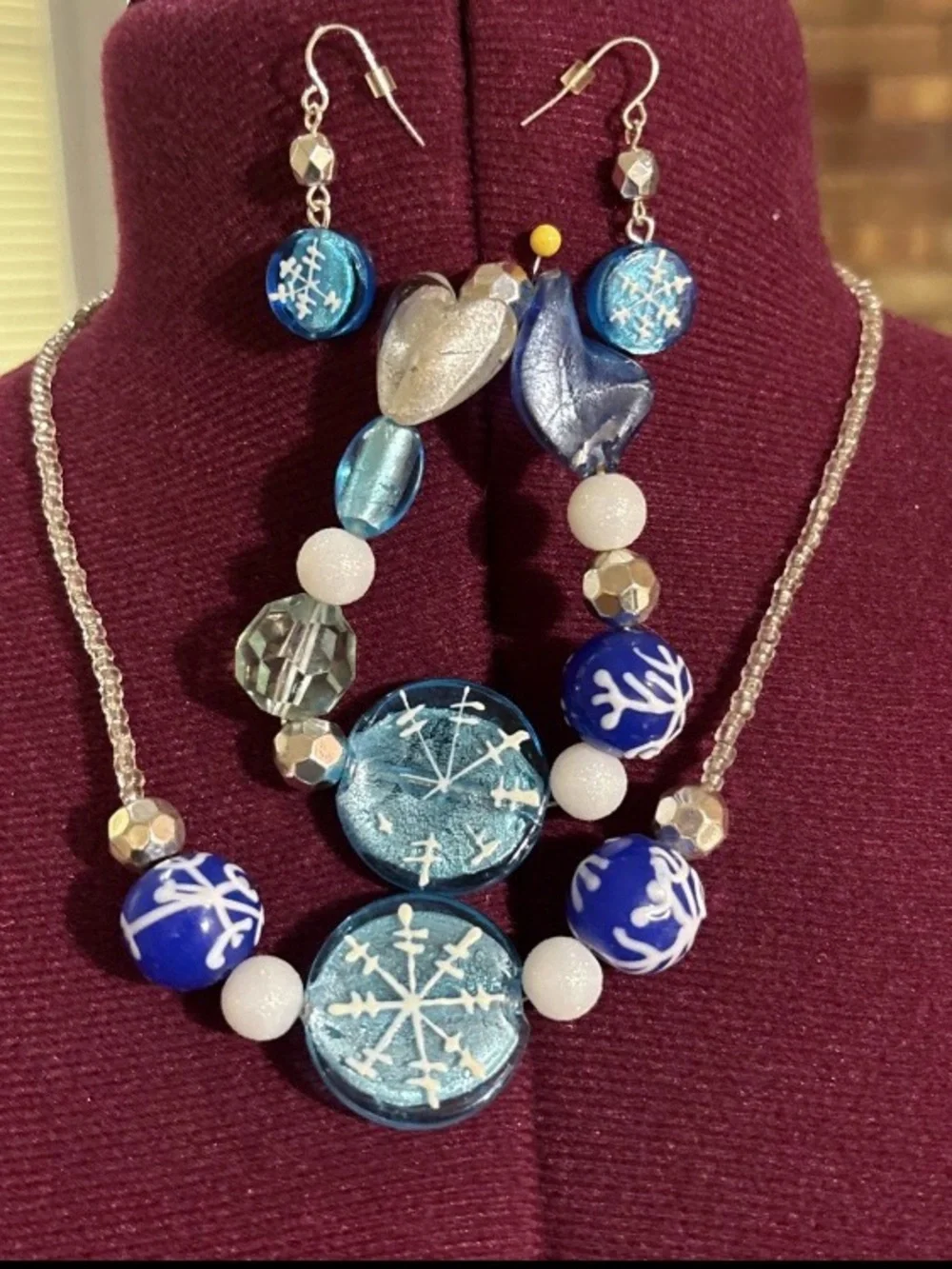 Blue Chunky Snowflake Christmas Bracelet Necklace And Earring Set